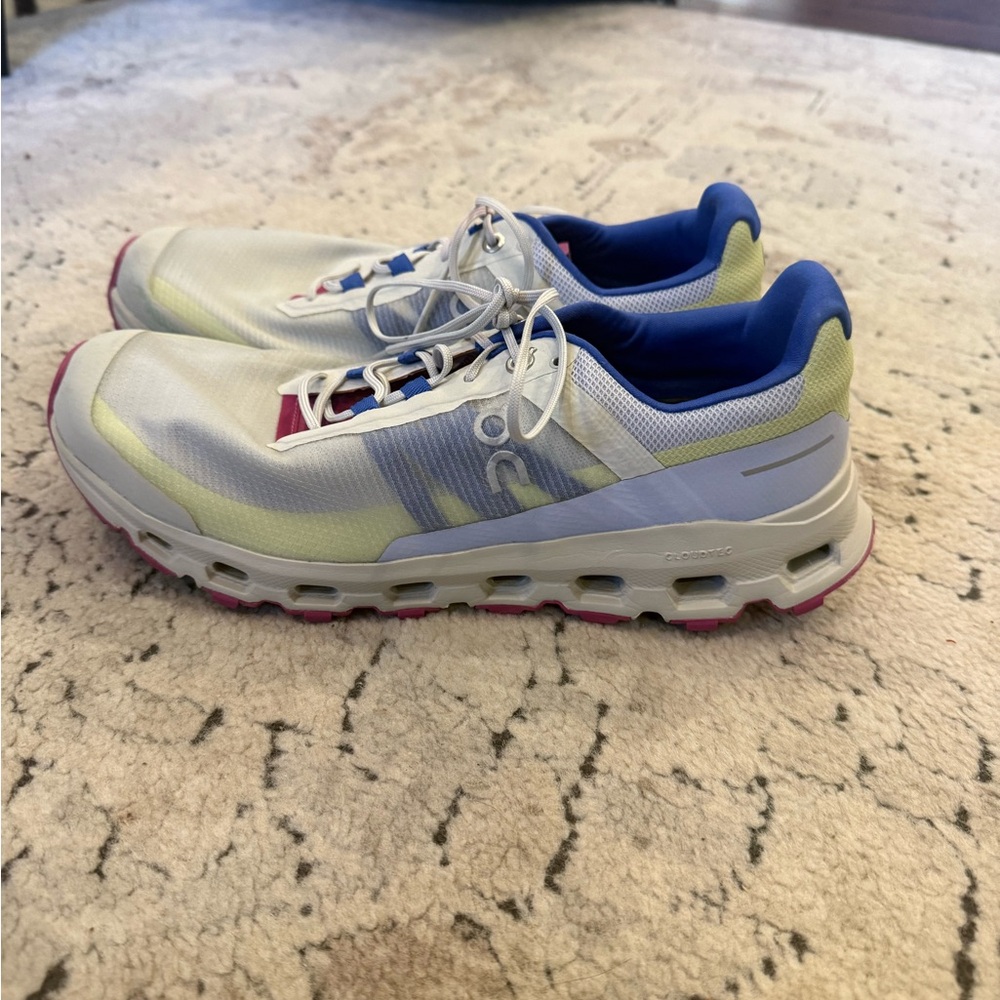 On Running White and Blue Athletic Shoes